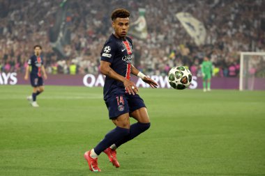 Münih, Almanya 31 Mayıs 2025: PSG 'den Desire Doue 2024-2025 UEFA Şampiyonlar Ligi final maçı sırasında Paris Saint Germain ile Inter Milan arasında Münih' teki Allianz Arena 'da oynanacak..