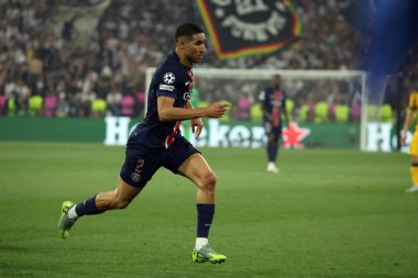 Münih, Almanya 31 Mayıs 2025: PSG 'den Achraf Hakimi 2024-2025 UEFA Şampiyonlar Ligi Finali sırasında Paris Saint Germain ile Inter Milan arasında Münih' teki Allianz Arena 'da oynanan karşılaşmada.