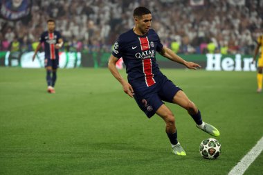 Münih, Almanya 31 Mayıs 2025: PSG 'den Achraf Hakimi 2024-2025 UEFA Şampiyonlar Ligi Finali sırasında Paris Saint Germain ile Inter Milan arasında Münih' teki Allianz Arena 'da oynanan karşılaşmada.