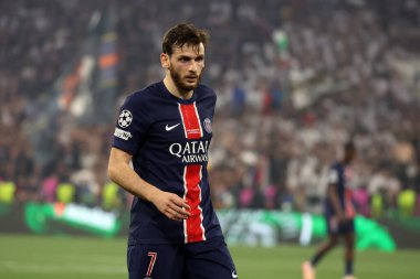 Münih, Almanya 31 Mayıs 2025: PSG 'den Khvicha Kvaratskhelia 2024-2025 UEFA Şampiyonlar Ligi Finali sırasında Paris Saint Germain ile Inter Milan arasında Münih' teki Allianz Arena 'da oynanan karşılaşmada.