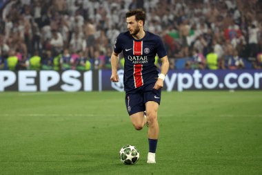 Münih, Almanya 31 Mayıs 2025: PSG 'den Khvicha Kvaratskhelia 2024-2025 UEFA Şampiyonlar Ligi Finali sırasında Paris Saint Germain ile Inter Milan arasında Münih' teki Allianz Arena 'da oynanan karşılaşmada.