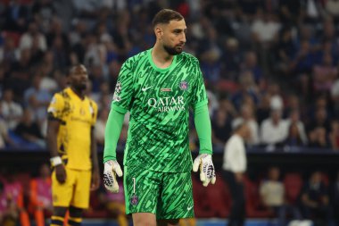 Münih, Almanya 31 Mayıs 2025: PSG 'den Gianluigi Donnarumma 2024-2025 UEFA Şampiyonlar Ligi Finali sırasında Paris Saint Germain ile Inter Milan arasında Münih' teki Allianz Arena 'da oynanan karşılaşmada.