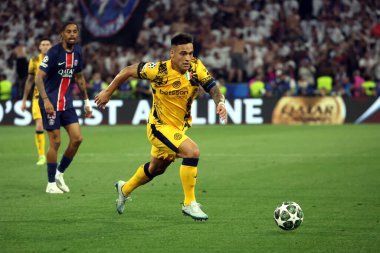 Münih, Almanya 31 Mayıs 2025: 2024-2025 UEFA Şampiyonlar Ligi Finali sırasında Paris Saint Germain ile Münih 'teki Allianz Arena maçında Lautaro Martinez.