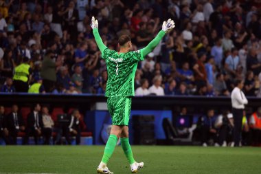 Münih, Almanya 31 Mayıs 2025: PSG 'den Gianluigi Donnarumma 2024-2025 UEFA Şampiyonlar Ligi Finali' nin sonunda Paris Saint Germain ile Münih 'teki Allianz Arena' da oynanan Inter Milan maçında zaferi kutladı..
