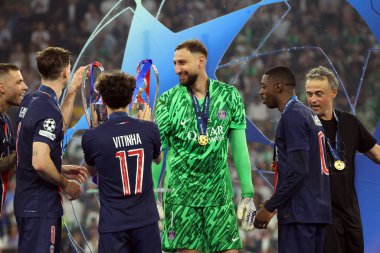 Münih, Almanya 31 Mayıs 2025: 2024-2025 UEFA Şampiyonlar Ligi Finali sırasında Donnarumma 'nın sevinci Paris Saint Germain ile Inter Milan arasında Münih' teki Allianz Arena 'da oynanan karşılaşma.