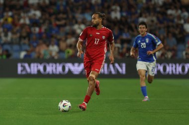 Reggio Emilia, İtalya 9 Haziran 2025: Moldavyalı Virgiliu Postolachi 2026 Dünya Kupası ön eleme karşılaşmasında İtalya ile Moldova arasında Reggio Emilia Stadyumu, Stadio Citt del Tricolore Stadyumu 'nda görüldü. 