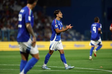 Reggio Emilia, İtalya 9 Haziran 2025: İtalyan Gianluigi Donnarumma 2026 Dünya Kupası ön eleme karşılaşmasında İtalya ile Moldova arasındaki Reggio Emilia stadyumunda, Stadio Citt del Tricolore Stadyumu. 