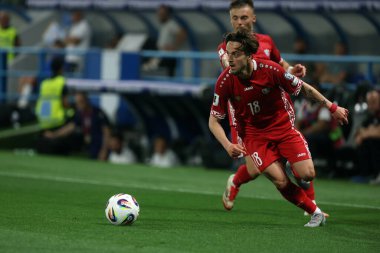 Reggio Emilia, İtalya 9 Haziran 2025: Moldavyalı Stefan Bodisteanu 2026 Dünya Kupası ön eleme karşılaşmasında İtalya ile Moldova arasında Reggio Emilia Stadyumu, Stadio Citt del Tricolore Stadyumu 'nda görüldü. 