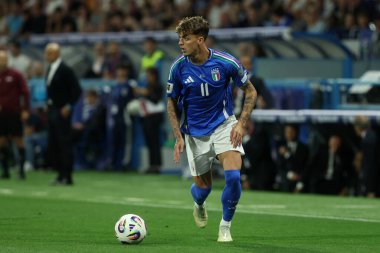 Reggio Emilia, İtalya 9 Haziran 2025: 2026 Dünya Kupası ön eleme karşılaşmasında İtalyan Daniel Maldini, Reggio Emilia stadyumunda Moldova 'ya karşı, Stadio Citt del Tricolore. 