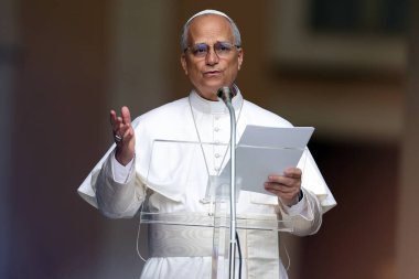 Castelgandolfo, İtalya - 17 Ağustos 2025: Papa XIV. Leo, Castelgandolfo 'daki binlerce inananın önünde Angelus' u ezbere okur ve havarinin kapısında kutsamasını söyler..