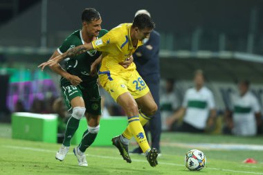 Frosinone, İtalya - 24 Ağustos 2025: Frosinone 'den Massimo Zilli, Avellino' dan Tommaso Cancellotti Frosinone Calcio ile ABD Avellino Stadyumu arasında oynanan 1..