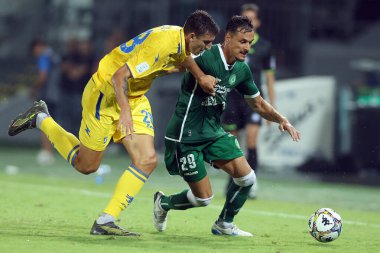 Frosinone, İtalya - 24 Ağustos 2025: Frosinone 'den Massimo Zilli, Avellino' dan Tommaso Cancellotti Frosinone Calcio ile ABD Avellino Stadyumu arasında oynanan 1..