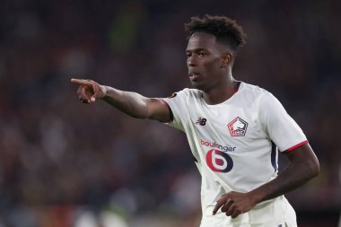 Roma, İtalya - 2 Ekim 2025: Lille 'li Felix Correia UEFA Ligi 2025 / 2026, 2. gün Roma' daki Olimpiyat Stadyumu 'nda AS Romanlar ve LOSC Lille karşı karşıya geldi.