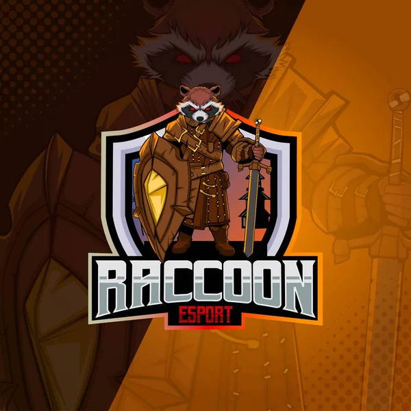 Cute Raccoon Warrior Cartoon Vector Logo Illustration — Stock Vector