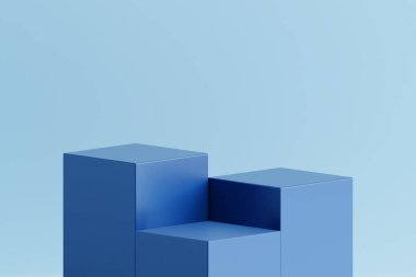 Ürün, ürün sunumu için mavi podyum sergiliyor. 3d görüntüleyici