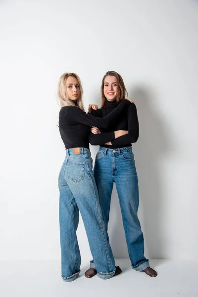 Két Gyönyörű Lányok Barna Szőke Pózol Stúdió Ellen Szürke — Stock Fotó