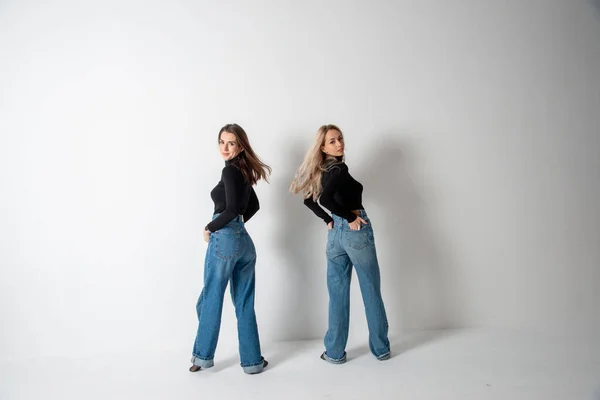 Zwei Schöne Mädchen Brünett Und Blond Posieren Studio Gegen Grau — Stockfoto