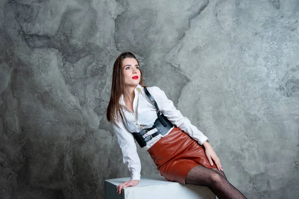 Beautiful Sexy Woman Posing Studio Gray Wall — Stock Photo, Image