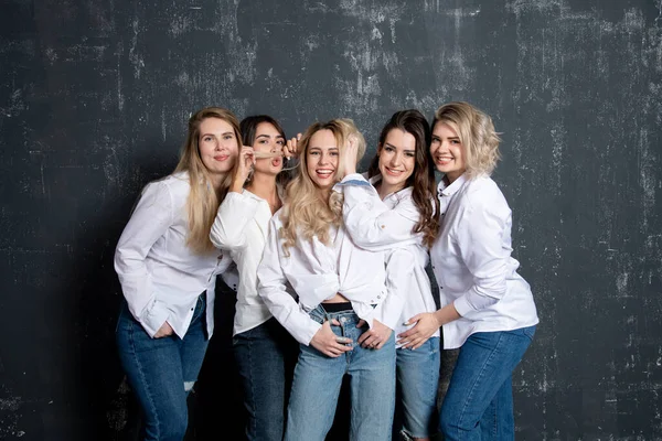 Young Attractive Women White Shirts Jeans Posing Studio — Stock Photo, Image