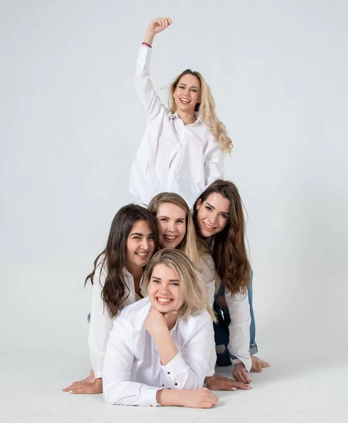Young Attractive Women White Shirts Jeans Posing Studio — Stok Foto