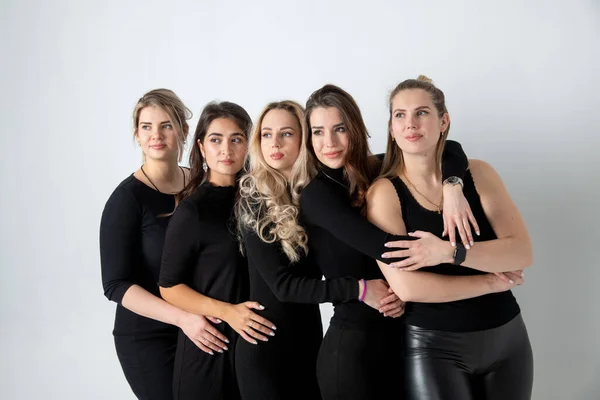 Sisters Posing Studio Wearing Black Dresses White Background Girls Smiling — Fotografia de Stock