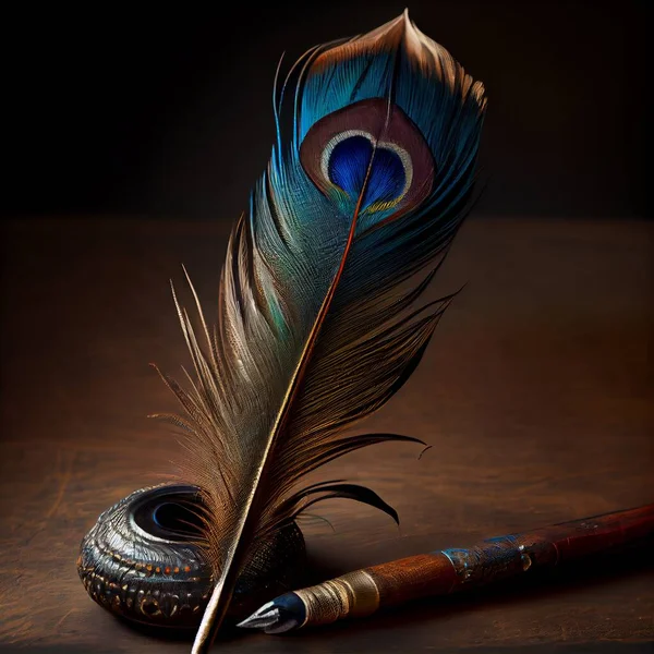 feather pen, quill and inkwell, closeup, close view