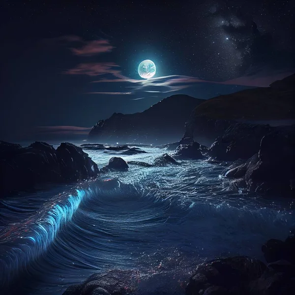 moon and sea with stars in the night, the starry sky. 3d rendering