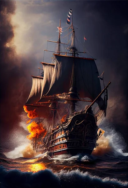 ancient pirate ship in sea, vintage style