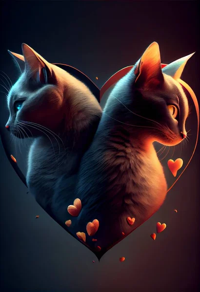 cat with heart shaped and red hearts on black background