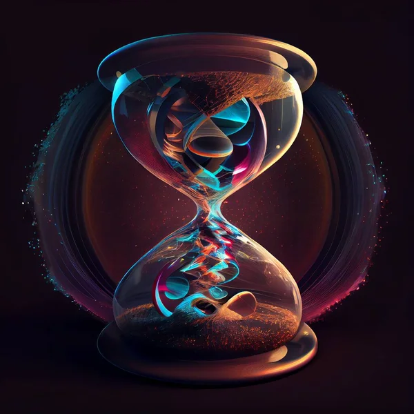 hourglass with glowing glass and clock on a black background