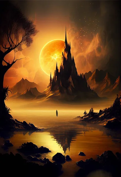 illustration of moon and mountains