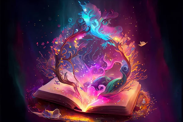 magic book with glowing neon lights on a dark background