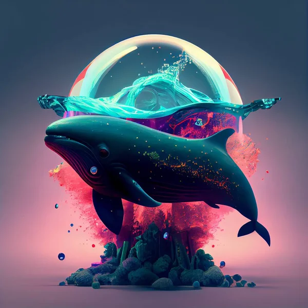 3d illustration of a whale with a dolphin in the sea