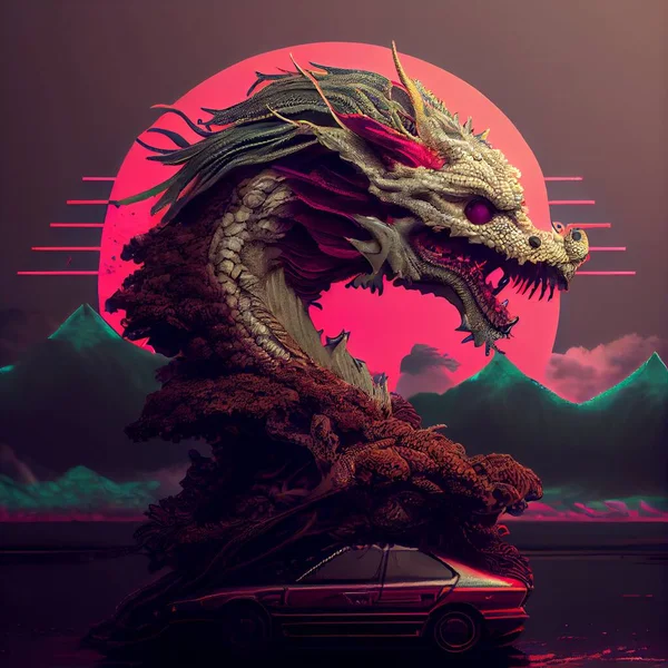 fantasy dragon with a red heart on the background of the sea