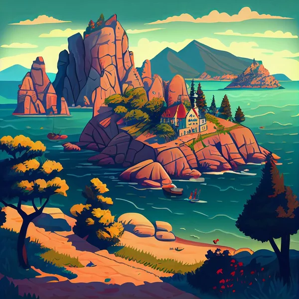 cartoon mountain landscape with mountains and forest