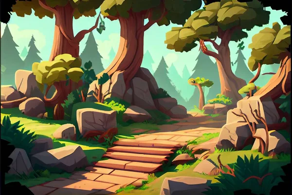 cartoon scene with forest trees and mountains illustration