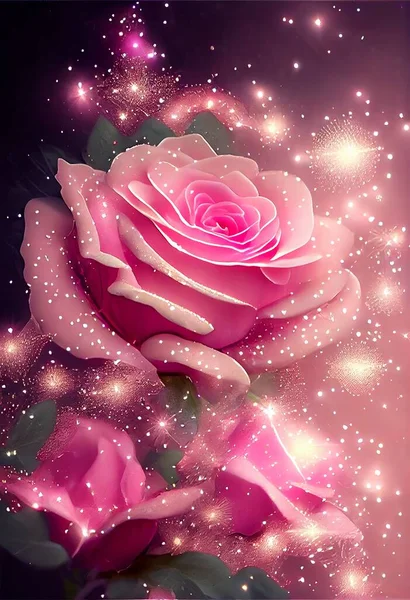 beautiful pink rose with sparkles on a dark background