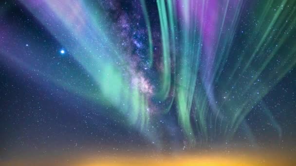 Aurora Grön Blå Lila Och Vintergatan Galaxy Loop South Sky — Stockvideo