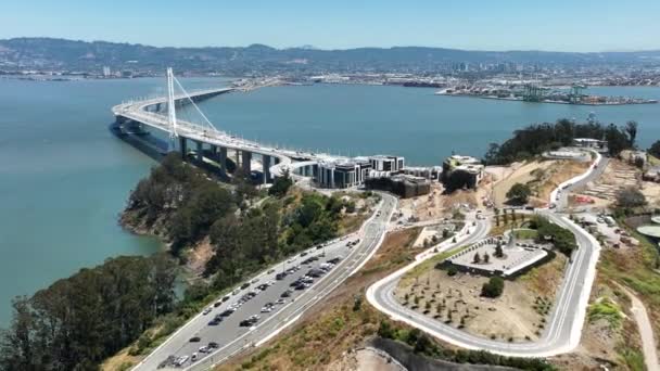 San Francisco Aerial Shot Bay Bridge Treasure Island Oakland Forward — Vídeos de Stock