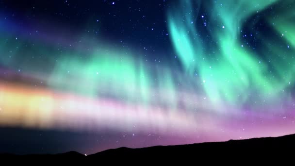 Aurora Parlayan Yeşil Mor Samanyolu Galaksisi Tepelerin Üzerinde — Stok video