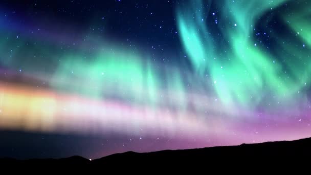 Aurora Glowing Hijau Ungu Dan Galaksi Bimasakti Atas Hills Tilt — Stok Video