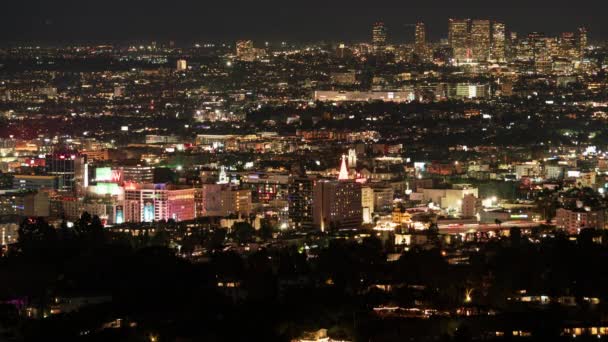 Hollywood Beverly Hills Nacht Zeitraffer Teleobjektiv Aus Dem Griffith Park — Stockvideo