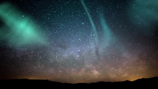 Aurora Boreal Vía Láctea Galaxia Tiempo Subida Lapso Estrellas Sobre — Vídeos de Stock