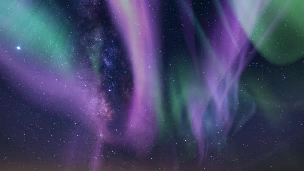 Aurora Világító Lila Zöld Tejút Galaxy Hurok Southwest Sky Ban — Stock videók