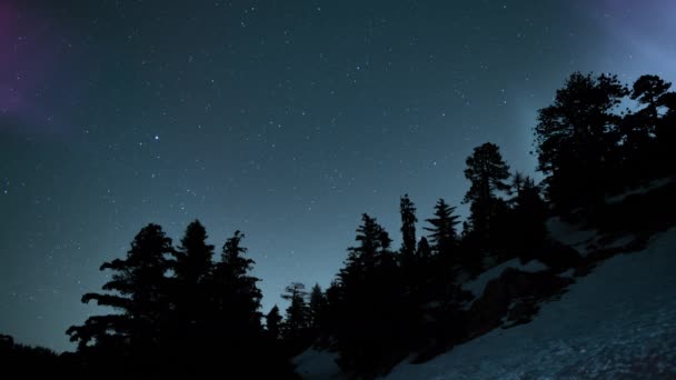 Ski斜坡和森林上方的Aurora紫色01环路 — 图库视频影像