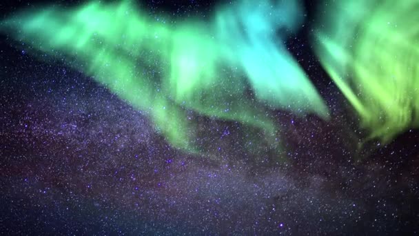 Aurora Und Milchstraße Zeitraffer Nachthimmel Simulierte Nordlichter — Stockvideo