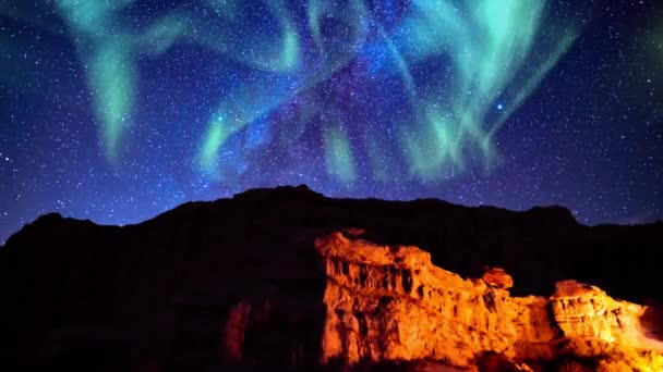 Zonnestorm Groen Melkweg Galaxy West Sky Time Lapse Desert Canyon — Stockvideo