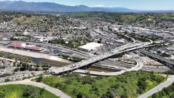 Los Angeles Freeway Interchange Grand View Point Aerial Shot Pan — Stockvideo