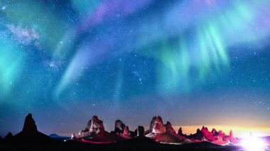 Aurora ve Samanyolu Galaksisi Yeşil Mor Trona Zirvesi üzerinde 50mm