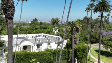 Beverly Hills Havacılık Kuruluşu Vurulmuş Palmiye Ağaçları ve Los Angeles Şehir Merkezi Telephoto Yukarı